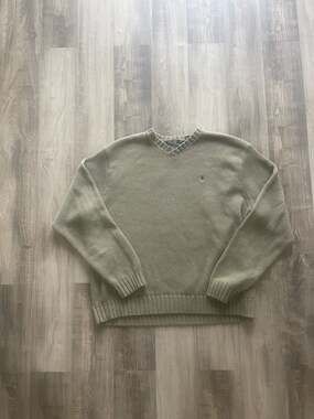 Vintage Polo Ralph Lauren Olive Khaki 100% Cotton V-Neck Heavy Knit Sweater XXL